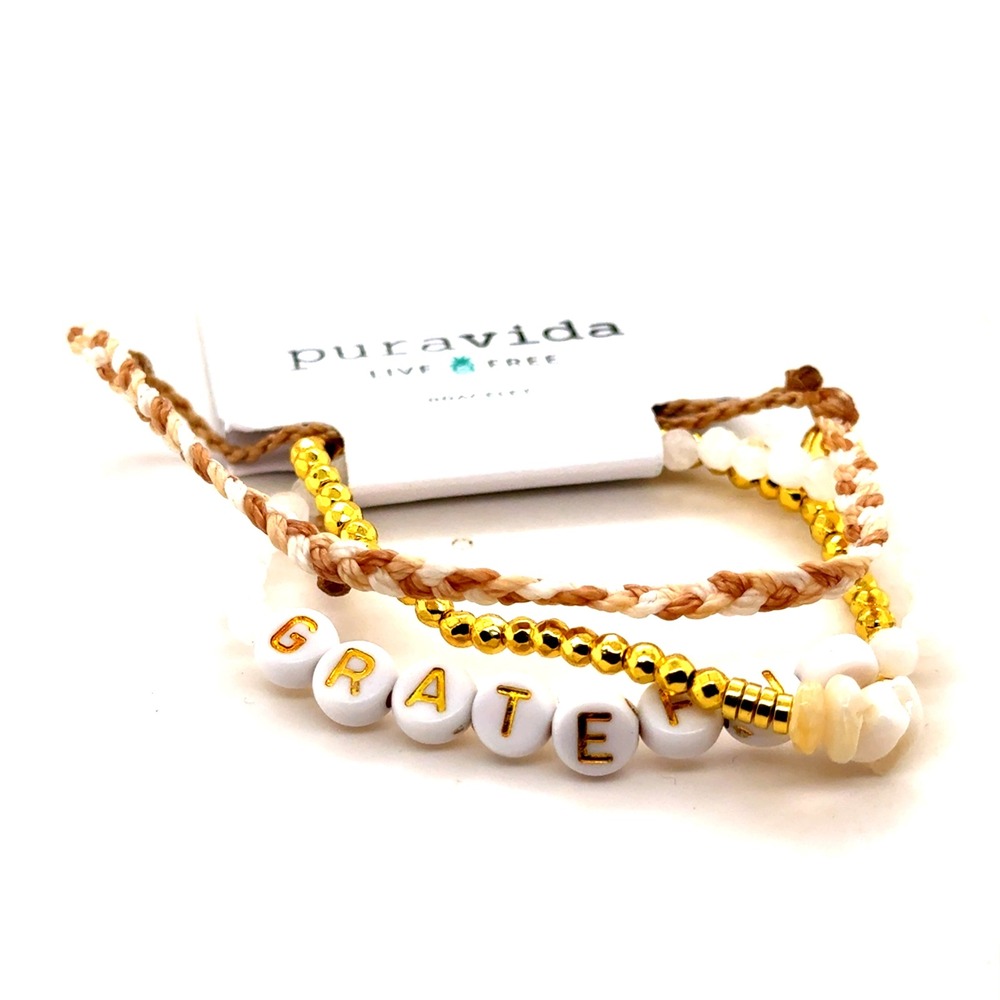 Pura Vida Grateful Bracelet Stack Gold White Braided Beaded Adjustable New